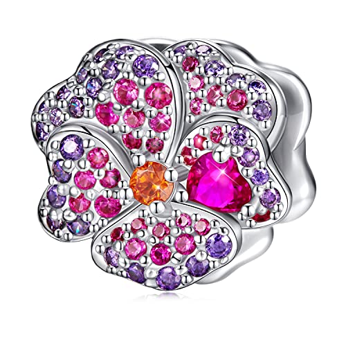 Purple Pink Pansy Flower Charm for Pandora Bracelet Necklace 925 Sterling Silver Violet Plant Charm Valentines Day Gift for Friend Wife Mom Daughter…