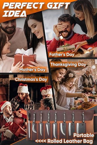 ROCOCO 13PCS Butcher Cleaver Knife Set for Meat Cutting Serbian Chef Viking Boning Knife with Roll Bag for Kitchen Outdoor BBQ Camping Birthday Father Mother Gift Idea Men