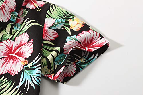 Big Girls Hawaiian Shirt, Kids Hawaiian Shirt, Button Down Luau Shirt for Kids Beach Tropical Shirt Floral Short Sleeve (X-Small, Black Red)