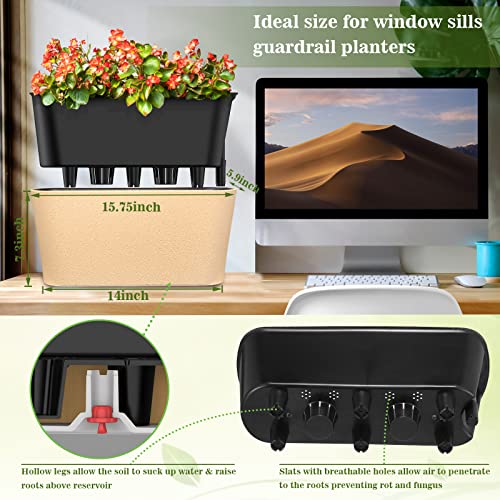 GS Garden 16" Self Watering Planters Window Box 2 Pack with Water Level Indicator Herbs Plants (Rocky Black)
