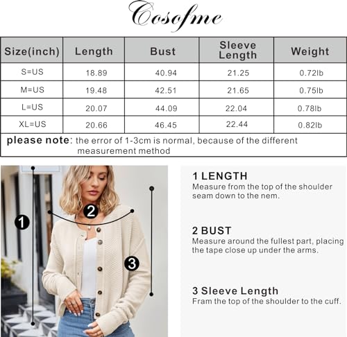 cosofme Women's Cardigan Sweaters Fall Long Sleeve Open Front Button Down Cable Knit Cropped Cardigans Beige