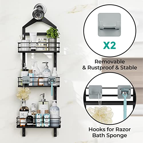 ODesign 2 Tier Shower Caddy Organizer-Over The Shower Head Caddy-Anti-Swing Hanging Bathroom Shelves-Shower Storage Basket Rack Rustproof-Height-Adjustable Large Shower Caddies-Black
