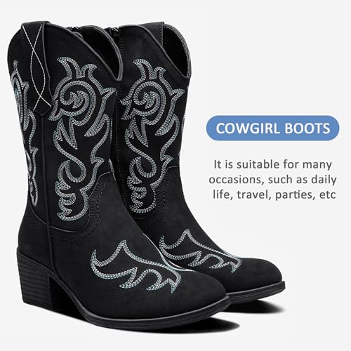Vepose Women’s Black Cowboy Mid Calf Boots, Cowgirl Western Embroidered Chunky Low Heel 9800 Boots with Zipper, Size 6M US, (CJY9800 Black 06)