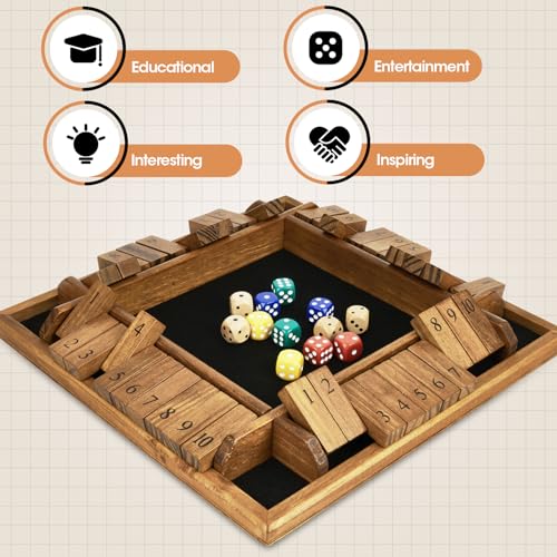 VAMSLOVE Shut The Box Dice Game Wooden Board for 2-4 Player, 4 Sided 10 Numbers Math Games with 8+4 Dices Close The Box for Kids Adults(Instructions Included)