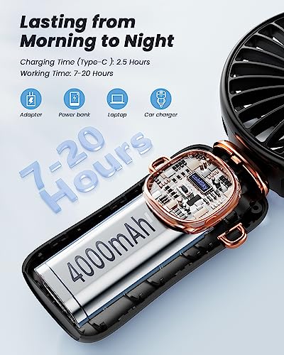 coldSky Portable Handheld Fan, 4000mAh Battery Operated 3 in 1 Multifunction Personal Travel Fan with Digital Display, 90ยฐ Foldable Desk Fan with Base, 5 Speed Lash Fan for Makeup/Office (Black)