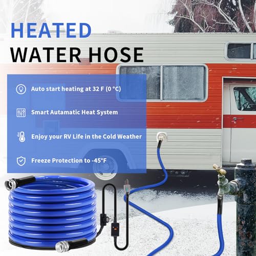 75FT Heated Water Hose for Rv, (5/8" ID) Hose Water Heater with Energy Saving Thermostat to Keep Water Running in Down to -45℉ Lead and BPA Free Designed for RV/Camper/Home/Garden