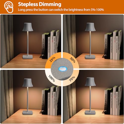 YIBEN Cordless Table Lamp, Rechargeable LED Battery 5000mAh USB Portable Powered Desk Lamp 3 Levels Brightness Light for Restaurants Bedroom Outdoor (2Pack Ferrous Gray)