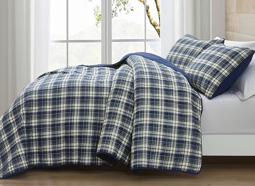 Chezmoi Collection Chad 2-Piece Printed Plaid Cotton Quilt Set Twin Size - Blue Green Light Beige Plaid - Stone Washed Cotton Breathable Lightweight Bedspread Set