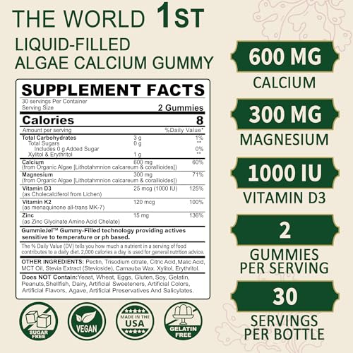 Plant Based Calcium Supplement 600mg with Vitamin D3 K2, Zinc for Bone Strength, Sustainably Sourced Algae Calcium Magnesium 2:1 Ratio, Sugar Free Calcium Gummies 70+ Trace Minerals, Vegan, 60 Counts