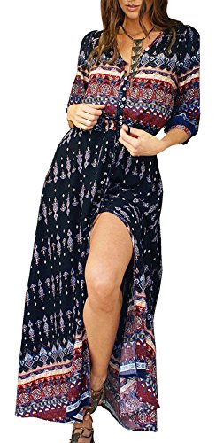 R.Vivimos Women's Summer Boho Button Up V Neck Floral Print Roll Up Causal Split Beach Midi Dresses (Small, Black)