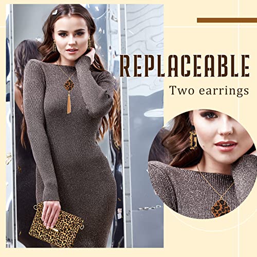 Sotiff 5 Pcs Women Leopard Purse Leopard Jewelry Set Necklaces Clutch Earring Leather Wrap Bracelets Long Tassel Pendant(Classic)