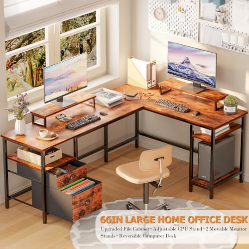 Furologee 66" L Shaped Computer Desk with Shelves, Reversible Corner Gaming Desk with File Drawer and Dual Monitor Stand, Large Home Office Desk Writing Study Table Workstation, Rustic Brown
