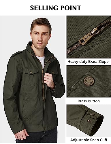 WenVen Men's Spring Military Casual Cotton Jacket Outwear (Army Green, Medium)