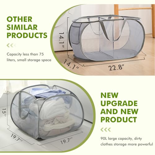 90L Large Capacity Pop Up Mesh Laundry Hamper Collapsible,Large Opening Clothes Hampers, Portable Mesh Laundry Bags for Laundry, Bathroom, Beach, Outdoors and Travel (1 Pack Grey)