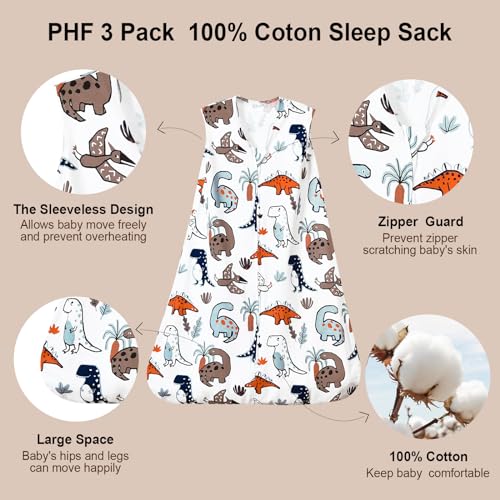 PHF Baby Sleep Sack 0-6 Months 3 Pack 100% Cotton Baby Wearable Blanket, 2-Way Zipper 0.5 TOG Toddler Sleeping Sack, Comfy Sleep Bag for Baby Boys Girls, Dinosaur (Small)