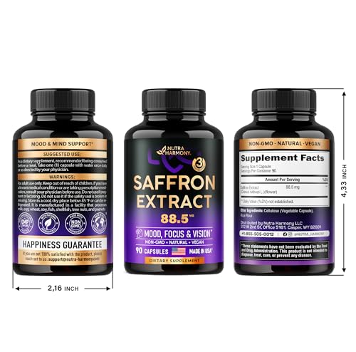 Natural Saffron Supplements - Pure Saffron Extract 88.5 mg - Made in USA - Mood | Focus | Vision | Energy Support - Eye Health for Women & Men - NonGMO Vegan Pills - 90 Powder Capsules, 3 Month Supply