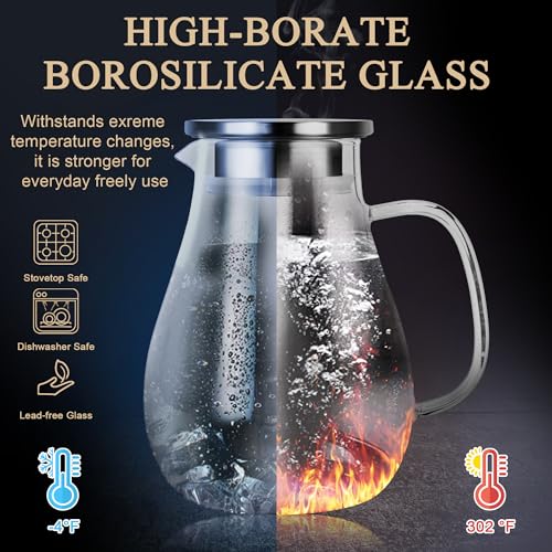 SUSTEAS Glass Pitcher,1.5liter Glass Pitcher With Lid, Carafes and Pitchers, Iced Tea Pitcher, Water Carafe With Handle, Heat Resistant Borosilicate Glass Jug, Beverage Pitcher, Milk Jug With Brush