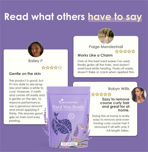 Mallowwax Wax Beads for Hair Removal -5 Pack Hard Wax for Sensitive Skin, Ideal for Bikini, Brazilian, Face, Eyebrow, Legs, Armpit, Full Body - Professional Waxing Wax Refill at Home for Women Men
