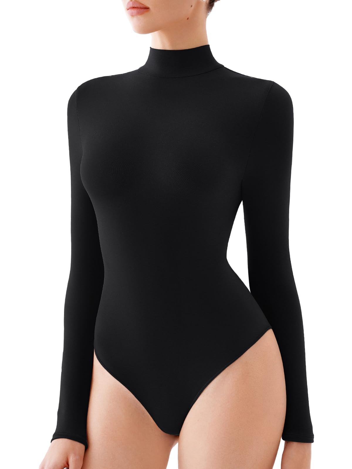 REORIA Women's Mock Turtleneck Body Suits Long Sleeve Bodysuits Fall Winter Double Lined Soft Basic Slim Tight Layering Tops Trendy Outfits 2025(Black Medium)
