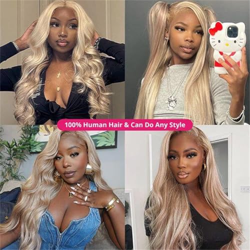 Rina 200% Density Milk Tea Ash Blonde Lace Front Wig Human Hair Upgrades Body Wave Platinum Grey Balayage Lace Front Wig More Full and Thicker 13x4 HD Invisible Frontal Wig for Women 18 Inch