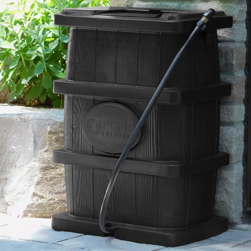 FCMP Outdoor Slim Line Design 45-Gallon Wood Grain Outdoor Home Rain Water Catcher Barrel Flat Back Container with Spigots and Mesh Screen, Black