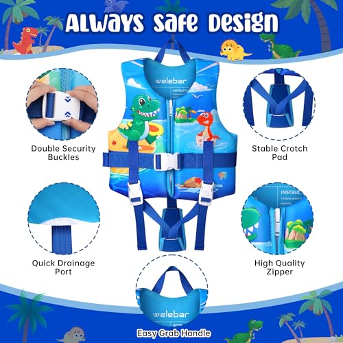 Welebar Toddler Swim Vest, Floaties with Adjustable Safety Strap for Boys and Girls Aged 2-10 Years/22-88lbs
