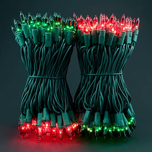 YULETIME 200 Red Green Christmas Lights, Pack of 2 Sets 33 Feet 100 Count UL Certified Incandescent String Lights (Red & Green - Green Wire)