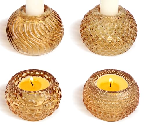 Vixdonos Round Glass Candlestick Holders Set of 4 Beads and Stripes Candle Holder Bulk for Taper Candle and Tealight Candle
