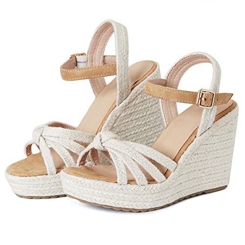 Tscoyuki Espadrille Wedge Sandals for Women, Adjustable Ankle Strappy Cute Shoes Open Toe Platform Womens Sandals Casual Sloping High Heels
