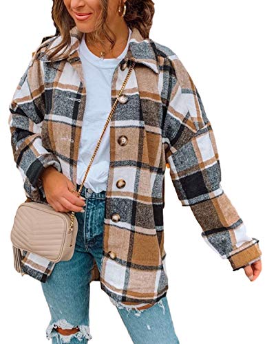 Yeokou Womens Fall Flannel Plaid Shacket Jacket Wool Blend Button Down Shirt Coat Tops(#2 Yellow-M)
