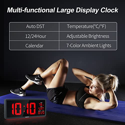 YORTOT 16β Large Digital Wall Clock with Remote Control - Adjustable Dimmer, 7 Color Night Lights, Big LED Clock with Indoor Temperature, Date, Auto DST, 12/24Hour, Wall Mount/Foldable Stand
