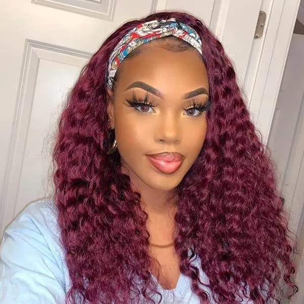 Lauberita Chocolate Brown Headband Wig Human Hair for Women #4 Deep Wave Headband Wig Glueless Curly Human Hair Wig 18 Inch