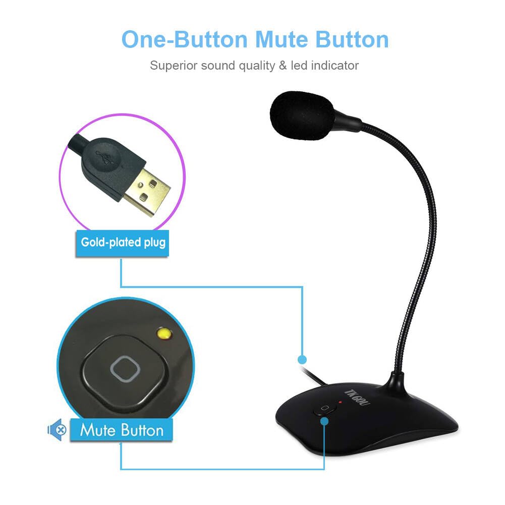 TKGOU USB Microphone, 360 Degree Adjustable Gooseneck Design, Mute Button & LED Indicator, Noise-Canceling Technology, Plug & Play, Compatible with Windows & MacOS