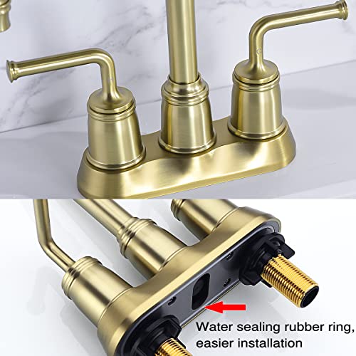 TRUSTMI Centerset Bathroom Faucet 4 Inch Vanity Sink Hot Cold Faucet with Overflow Drain and Waterlines, Brushed Gold