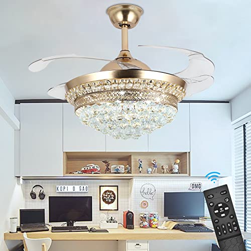 Panghuhu88 42" Invisible Ceiling Fan Chandelier with Light,Modern Crystal Ceiling Fan Light Remote Control 4 Retractable ABS Blades for Bedroom Living Dining Room Decoration (Silver)