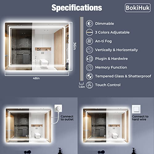 BokiHuk Led Bathroom Mirror with Lights, 40x24 inch Wall Mounted Lighted Vanity Mirror, Makeup Mirror Dimmable Anti-Fog with 3 Colors Light, Waterproof (Backlit & Front-Lighted)
