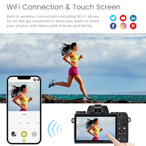 Saneen Digital Camera, 4k Cameras for Photography & Video, 64MP WiFi Touch Screen Vlogging Camera for YouTube with Flash, 32GB SD Card, Lens Hood, 3000mAH Battery, Front and Rear Cameras - Black