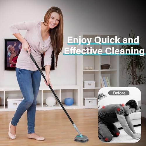 Scrub Brush with Long Handle, 5 in 1 Hard Bristle Shower Scrubber with Crevice Cleaning Brush and Squeegee, 50 inch Heavy Duty Stiff Brushes for Clean Bathroom Ceramic Tile Floor Toilet Tub Kitchen