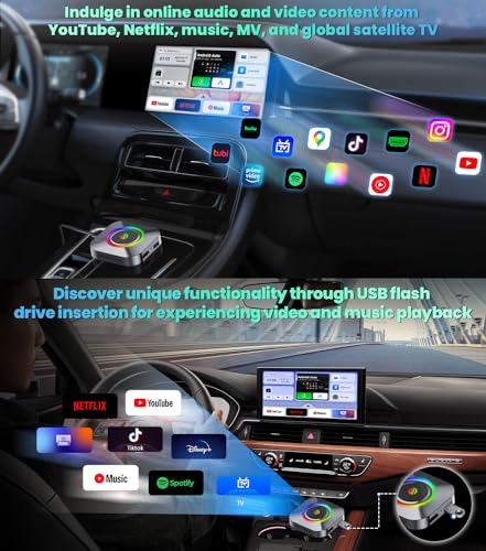 Wireless CarPlay Streaming Supports NetfIix/YouTube/Tiktok, Apple CarPlay/Android Auto Wireless Adapter Newest, Wireless CarPlay Adapter for Factory Wired CarPlay Cars Gifts