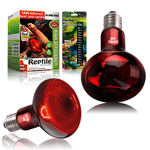 MCLANZOO 2 Pack 50w Reptile Heat Lamp Bulb Infrared Basking Spot Heat Lamp for Reptiles & Bearded Dragon Amphibian, Chicks, Dog Heating Use with Stick-on Digital Temperature Thermometer