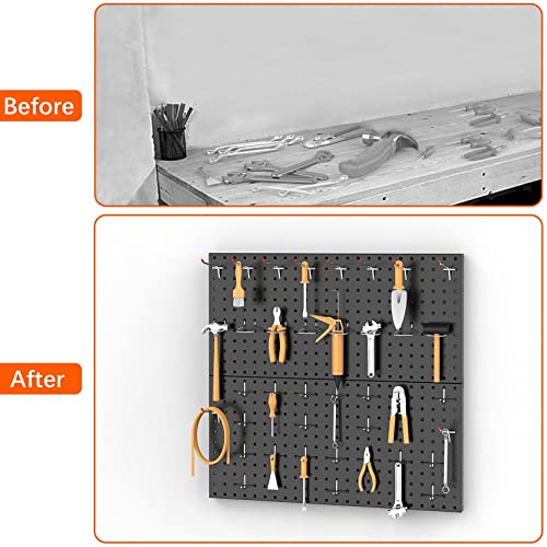 TORACK Metal Pegboard Wall Organizer 24" x 24" or 12" x 48", 70PCS Pegboard System for Garage Pegboard Organizer Kit with Pegboard Hooks for Workbench, Shop, Shed(Black)