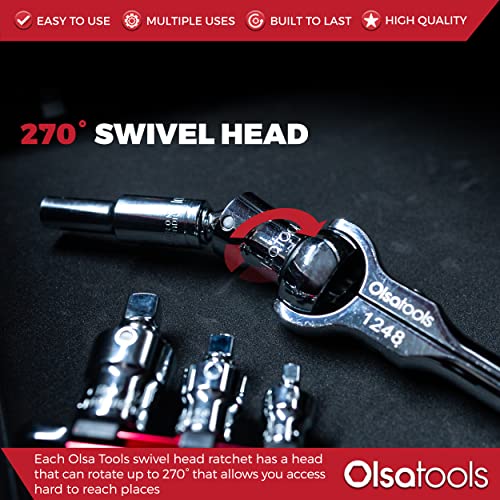 Olsa Tools Swivel Head Ratchet - 1/2-Inch Drive with 90-Tooth Round Head - Roto-Style Socket Wrench for Mechanics - Premium Quality Swiveling Handle - Part 1248