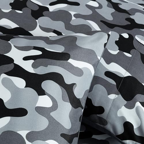 Chezmoi Collection Military Camo 3-Piece Sheet Set - Camouflage Black Gray Printed Microfiber Soft Breathable Deep Pocket Sheets and Pillowcases Set, Twin Size