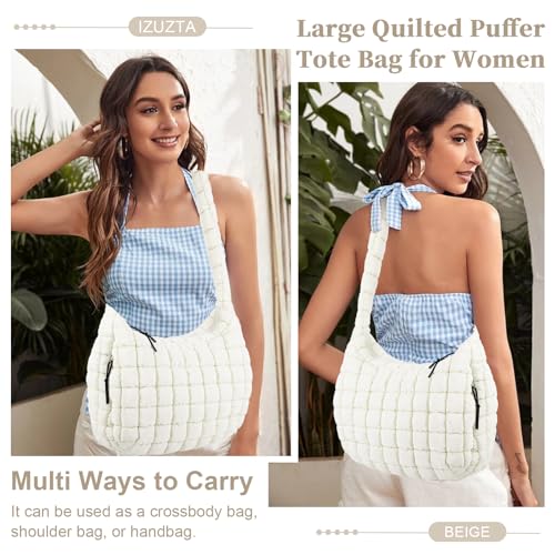 Large Quilted Puffer Tote Bag Puffy Crossbody Shoulder Bag, Lightweight Soft Nylon Quilted Oversized Padding Hobo Tote Bag Handbags Puff Purse Carryall Gym Bag Trendy Tote for Women(Rose Red)