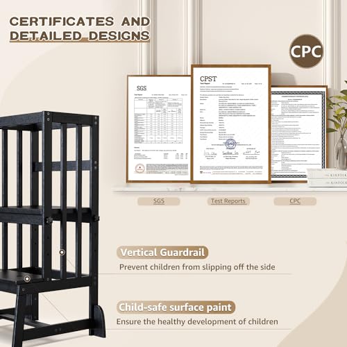 DORPU Toddler Tower, Adjustable Height Kids Kitchen Step Stool with CPC Certification, Unique Patents with Safety Rail & Anti-tip & Non-Slip Mat & Vertical Guardrail Toddler Kitchen Stool๏ผBlack๏ผ