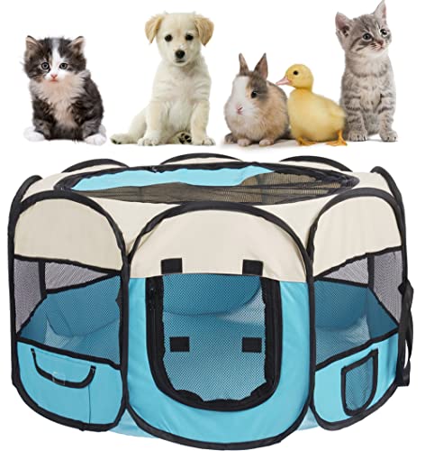 Pet Cat Playpen for Indoor Cats Enclosed,Portable Pet Dog Playpen,Puppy Small Dog Cat Tent Crates Cage,29x29x16,Blue/Beige,1Pack
