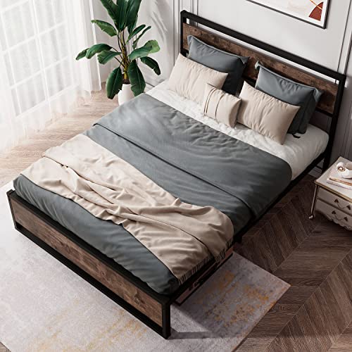 Keureedg Bed Frame with Wooden Headboard, Heavy Duty Metal Platform Bed Frame, Sturdy Metal Slats Support, Non-Slip Without Noise, No Box Spring Needed, Queen/King(Queen)