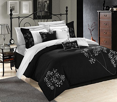 Chic Home 8 Piece Pink Floral Comforter Set, Queen, Black/White