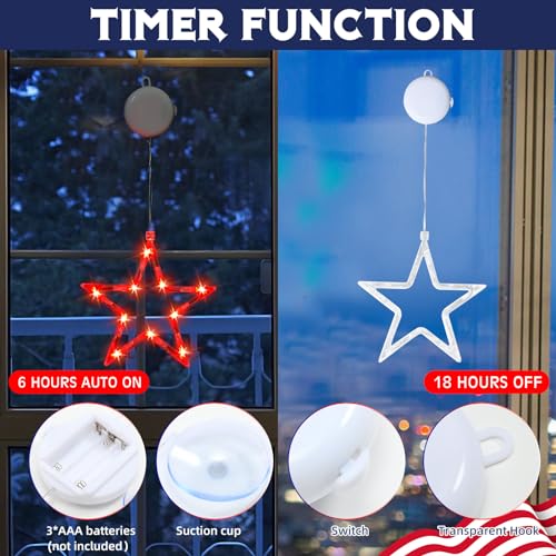 ZhenQiu 4th of July Window Lights 3 Pack Lighted Fourth of July Decorations with Suction Cups, Battery Operated Red White Blue Hanging Star Window Silhouette Lights for Independence Day Decor