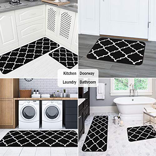 Carvapet 2 Pieces Microfiber Moroccan Trellis Non-Slip Soft Kitchen Mat Bath Rug Doormat Runner Carpet Set, 17"x48"+17"x24", Black